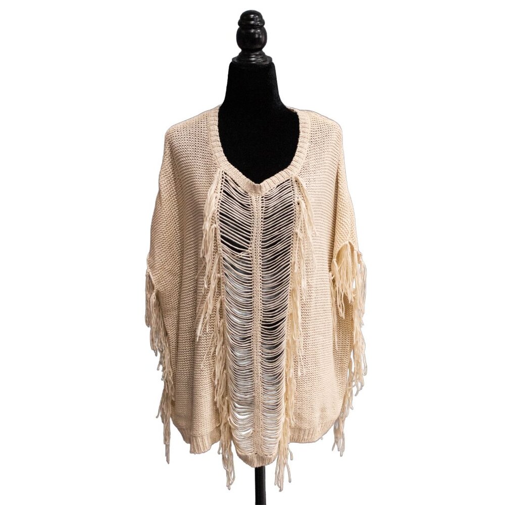 Bobeau Fringed Sweater, Size Medium